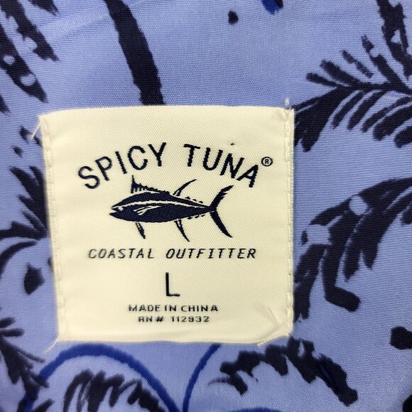 Spicy Tuna Coastal Outfitter Mens Hawaiian Button-Up Shirt Blue Black Palm Large - Picture 3 of 7